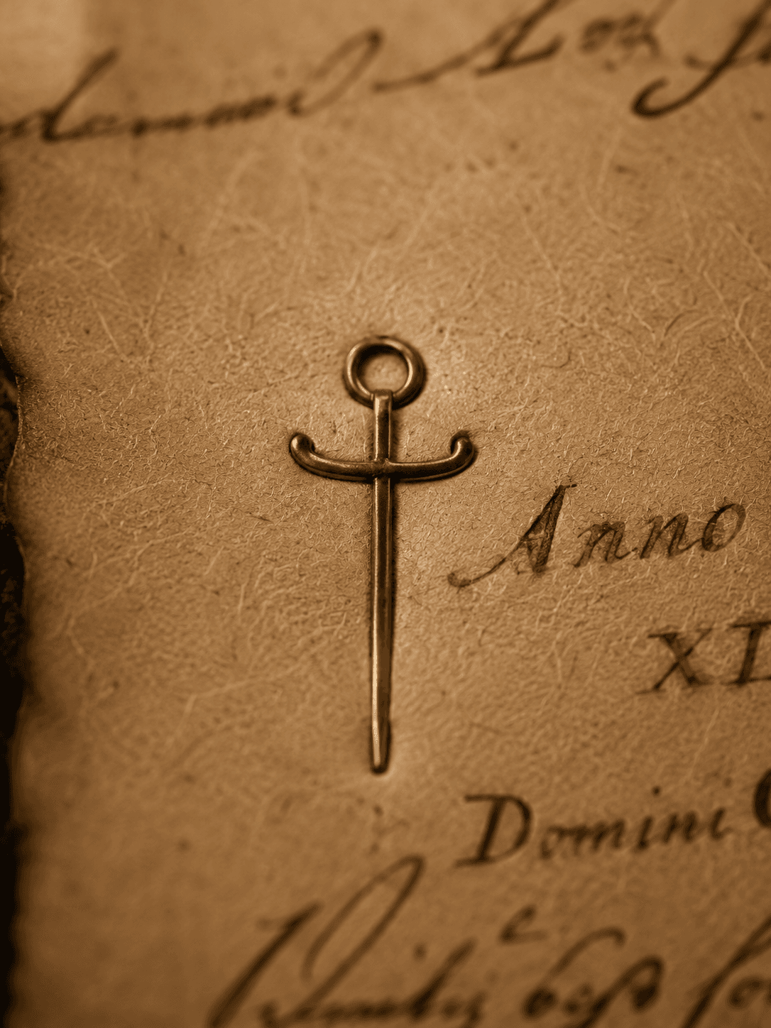 A shoemaker’s awl resting on an aged, handwritten parchment.